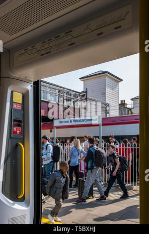 Virgin Train services starting & Terminating at Harrow & Wealdstone Station during Easter holiday shutdown of Euston Station causes overcrowding. Stock Photo