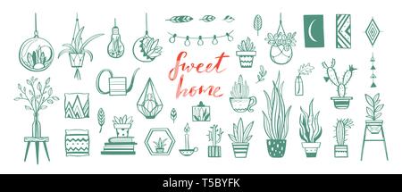 Home decor and House plants vector hand drawn set. Home decorations and interior design elements.Isolated boho and scandinavian cartoon sketches Stock Vector