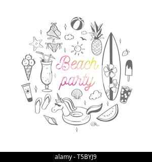 Big set of Summer vector design doodle elements. Beach collection, tropical fruits, swimsuit, surfing. Hand drawn isolated sketches on white backgroun Stock Vector