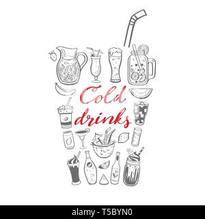 Vector hand drawn illustration and handwritten calligraphy of cold drinks and summer beverages. Conceptual doodle Lettering for menu cover, restaurant Stock Vector