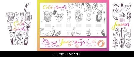 Restaurant and bar vector menu template with hand drawn illustrations. summer cocktails and beverages. Various doodles for beach party, bar, cafe menu Stock Vector