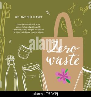 Zero waste and eco friendly lifestyle vector hand drawn background,banner, poster with textile bag, glass jars and bamboo teethbrush. Less plastic con Stock Vector