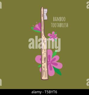 Bamboo eco-friendly teethbrush. Vector hand drawn illustration. Zero Waste concept Stock Vector