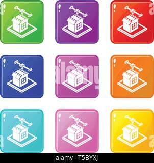 House d printing icons set 9 color collection Stock Vector