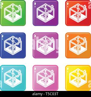 Three d printer icons set 9 color collection Stock Vector