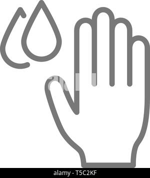 Hand with water drops, hygiene, washing hands line icon. Stock Vector
