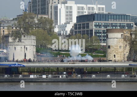 Gun Salute at Tower of London for HM The Queen's 93rd Birthday, Tower of London, London, UK Stock Photo