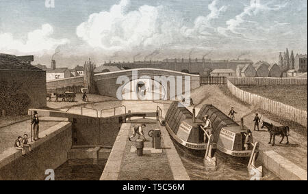 The Double Lock and East Entrance to the Islington Tunnel, Regent's Canal, London, illustration by Th. H. Shepherd, 1828 Stock Photo