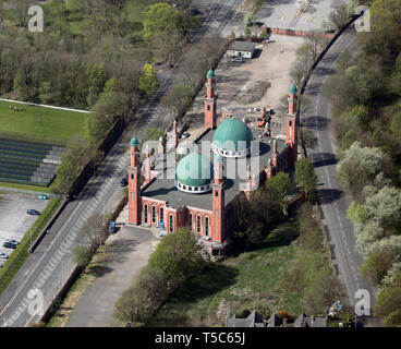 aerial view of Al-Jamia Suffa-Tul-Islam Grand Mosque; Bradford Grand Mosque, Bradford, West Yorkshire Stock Photo