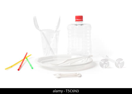 Disposable and for take away plastic cutlery and parts for single use. Objects isolated on white and with working paths. Stock Photo