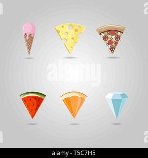 pizza, citrus, watermelon, ice cream, diamond, cheese symbol pointing at a map . Shop emblem. point location set10 eps Stock Vector