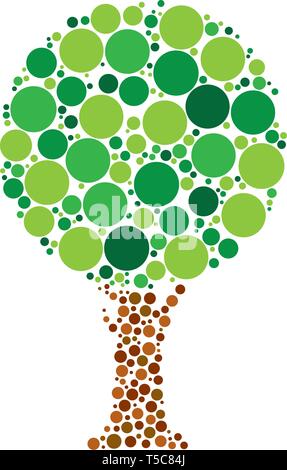 Simple tree vector illustration made of green and brown dots Stock Vector