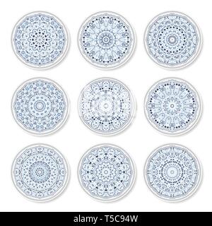 Nine blue plates with ornate Arabic pattern, top view on white background. Stock Vector