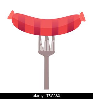 BBQ grilled sausage on fork flat hand drawn vector icon Stock Vector