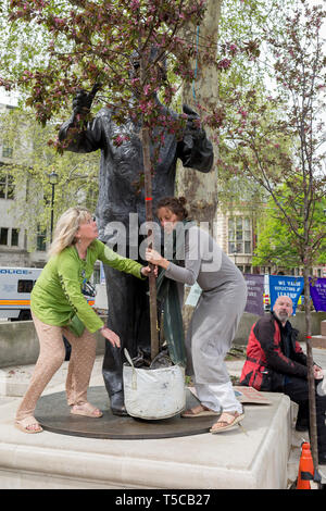Women campaigners position a large potted tree at the feet of Nelson Mandela's statue in Parliament Square during the week-long protest by climate change activists with Extinction Rebellion's campaign to block road junctions and bridges around the capital, on 23rd April 2019, in London England. Stock Photo
