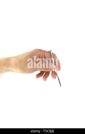 hand holding small screw drivers isolated on white background. High resolution image gallery. Stock Photo