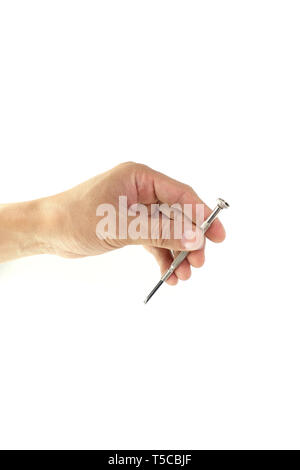 hand holding small screw drivers isolated on white background. High resolution image gallery. Stock Photo