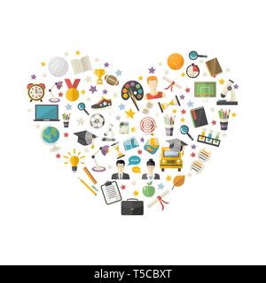 Education,knowledge icon set in heart symbol in flat style vector illustration Stock Vector