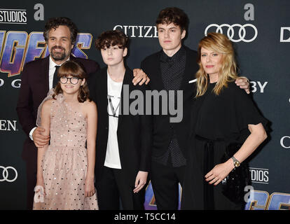 LOS ANGELES, CA - APRIL 22: (L-R) Mark Ruffalo, Odette Ruffalo, Bella Noche, Keen Ruffalo and Sunrise Coigney arrive at the world premiere Of Walt Disney Studios Motion Pictures 'Avengers: Endgame' at the Los Angeles Convention Center on April 22, 2019 in Los Angeles, California. Stock Photo