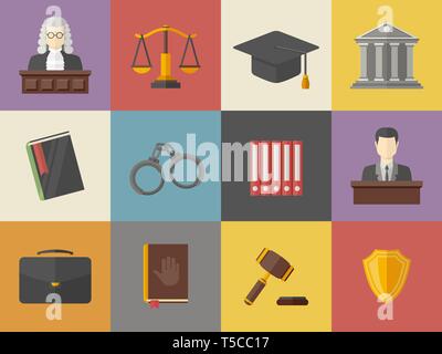 Law and Justice icons set illustration in flat style.Vector pictogram Stock Vector