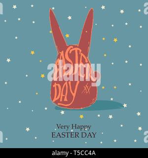 Rabbit shape illustration with text Easter day and stars retro styleon a dark blue background. Stock Vector
