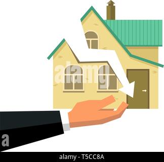 Businessman hand holds house with crack on wall like graph arrow fall down. Crashing housing market, investment concept or low money price for buying  Stock Vector