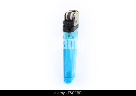 Blue plastic gas lighter. Gas lighter isolated on white background. Closeup shot, top view High resolution image gallery. Stock Photo
