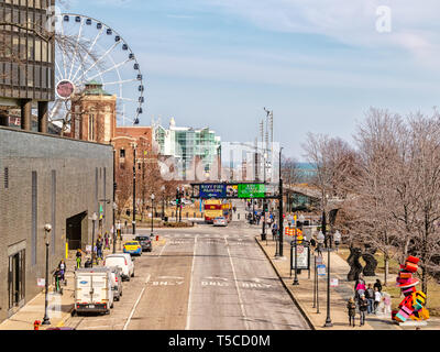 Navy Pier, Chicago-March 27, 2019: A view of the entrance to Navy Pier on Illinois Street, from the Navy Pier Pedestrian Flyover. Main streets. Stock Photo