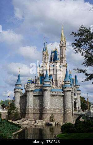 Orlando, FL/USA - 02/07/18: A side vertical view of Cinderellas Castle at Disney World in Orlando, Florida  on a beautiful sunny day. Stock Photo