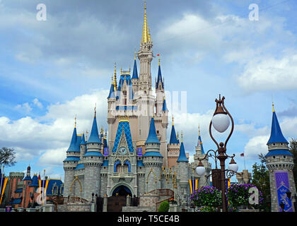 Orlando, FL/USA - 02/07/18: Cinderellas Castle at Disney World in Orlando, Florida  on a beautiful sunny day. Stock Photo