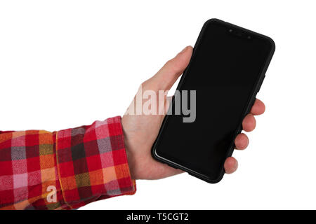 Mans hand holding black screen mobile phone Stock Photo