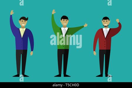 Three men on a blue background. Smiling and waving programmers. Vector illustration. The concept of programming. Stock Vector