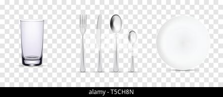 Set of cutlery of fork, spoon, knife and plate. Vector illustration on transparent background. Ready for your design. Stock Vector