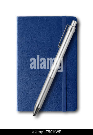 Marine blue closed notebook and pen mockup isolated on white Stock Photo