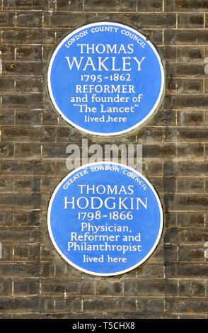 London, England, UK. Commemorative Blue Plaque: Thomas Wakley 1795-1862 reformer and founder of 'The Lancet' lived here (1962) and Thomas Hodgkin (...... Stock Photo