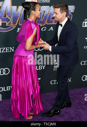 Los Angeles, United States. 22nd Apr, 2019.LOS ANGELES, CALIFORNIA, USA - APRIL 22: Actress Zoe Saldana and actor Jeremy Renner arrive at the World Premiere Of Walt Disney Studios Motion Pictures and Marvel Studios' 'Avengers: Endgame' held at the Los Angeles Convention Center on April 22, 2019 in Los Angeles, California, United States. (Photo by Xavier Collin/Image Press Agency) Credit: Image Press Agency/Alamy Live News Stock Photo