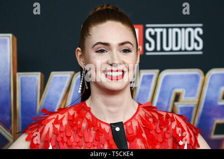 Los Angeles, United States. 22nd Apr, 2019.LOS ANGELES, CALIFORNIA, USA - APRIL 22: Actress Karen Gillan wearing Christopher Kane and Jimmy Choo shoes arrives at the World Premiere Of Walt Disney Studios Motion Pictures and Marvel Studios' 'Avengers: Endgame' held at the Los Angeles Convention Center on April 22, 2019 in Los Angeles, California, United States. (Photo by Xavier Collin/Image Press Agency) Credit: Image Press Agency/Alamy Live News Stock Photo