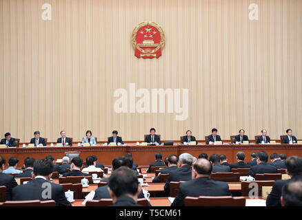 (190423) -- BEIJING, April 23, 2019 (Xinhua) -- Li Zhanshu, chairman of the National People's Congress (NPC) Standing Committee, presides over the 10th session of the 13th NPC Standing Committee at the Great Hall of the People in Beijing, capital of China, April 23, 2019. (Xinhua/Rao Aimin) Stock Photo