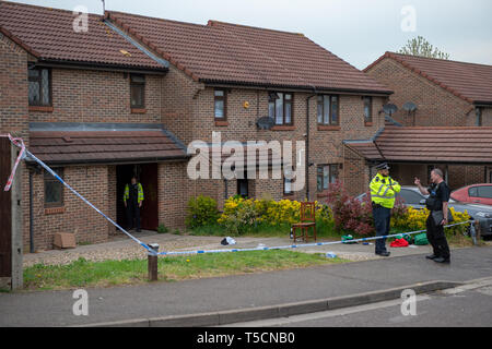 London, United Kingdom. 23 April 2019. Metropolitan Police were called at around 15:00BST to reports of a stabbing on Previous Camomile Way, West Drayton. Officers attended alongside the London Ambulance Service and London Air Ambulance and found a man suffering from stab injuries. His injuries are not believed to be life changing or life threatening. Seven people – no further details – have been arrested for offences including GBH, assisting an offender and possession of firearms. Credit: Peter Manning/Alamy Live News Stock Photo