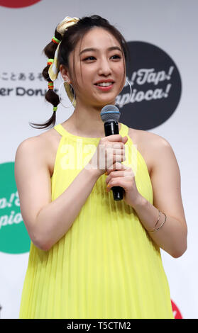 Tokyo, Japan. 23rd Apr, 2019. E-girls member Nozomi Bando, attends a promotional event for new tapioca drinks launched by donut store Mister Donut in Tokyo on Tuesday, April 23, 2019. Mister Donut will launch four flavored tapioca drinks on April 26. Credit: Yoshio Tsunoda/AFLO/Alamy Live News Stock Photo