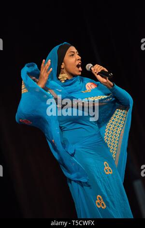 Cairo, Egypt. 23rd Apr, 2019. Passant Sayed Khalil from Cairo University participates in the 18th 'Chinese Bridge' Chinese Proficiency Competition for Foreign College Students in Cairo, Egypt, April 23, 2019. The Egypt regional final of the 18th 'Chinese Bridge' Chinese Proficiency Competition for Foreign College Students kicked off on Tuesday in Cairo, under the theme of 'One World and One Family.' Credit: Meng Tao/Xinhua/Alamy Live News Stock Photo