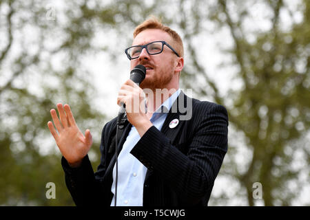 Brighton Labour MP Lloyd Russell-Moyle speaking at the Extinction Rebellion march in London  Extinction Rebellion protesters march from Marble Arch to Parliament Square, attempting to deliver letters to their MPs. Extinction Rebellion activists were permitted to be in Parliament Square but not to enter Parliament. After several attempts to deliver the letters, the activists reached an agreement with MPs through the police. Ten activists were allowed to deliver the letters in the company of Baroness Jenny Jones (Green party). Philosopher and Green campaigner Rupert Reed, Labour Shadow minister 