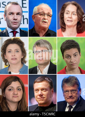 Berlin, Germany. 25th Mar, 2019. KOMBO - German top candidates of the parties for the European elections. Top l-r: 25.03.2019, Berlin: Manfred Weber (CSU), EPP top candidate, 11.02.2019, Berlin: Udo Bullmann (SPD), 23.03.2019, Berlin: Katarina Barley (SPD). Middle l-r: 17.03.2019, Berlin: Nicola Beer FDP), 18.03.2019, Berlin: Sven Giegold (Greens), 18.03.2019, Berlin: Ska Keller (Greens). Below l-r: 15.05.2017, Berlin: Özlem Alev Demirel (Left), 22.02.2019, Bonn: Martin Schirdewan (Left), 06.04.2019, Offenburg: Jörg Meuthen (AfD). Credit: -/dpa/Alamy Live News Stock Photo