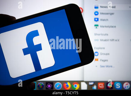Berlin, Germany. 23rd Apr, 2019. ILLUSTRATION - The logo of the social network Facebook can be seen on the display of a smartphone. Credit: Monika Skolimowska/dpa-Zentralbild/dpa/Alamy Live News Stock Photo
