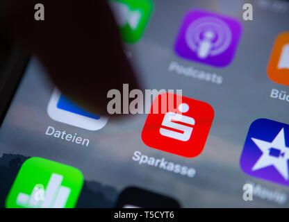 Berlin, Germany. 23rd Apr, 2019. ILLUSTRATION - The logo of the Sparkasse app can be seen on the display of a smartphone. Credit: Monika Skolimowska/dpa-Zentralbild/dpa/Alamy Live News Stock Photo