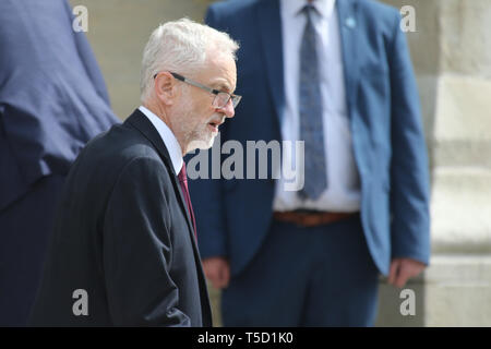 Belfast, County Antrim, Northern Ireland, 24th April, 2019 -  British Labour Party Leader Jeremy Corbyn arrives for the funeral and Service of Thanksgiving for the life of Ms Lyra McKee at St Anne's Cathedral, Donegall Street, Belfast. Ms McKee,a Journalists, 29, was shot in the head on Thursday night while observing rioting in Londonderry's Creggan estate. The New IRA has admitted responsibility for the murder of journalist Lyra McKee. Paul McErlane/Alamy Live News Stock Photo