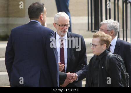 Belfast, County Antrim, Northern Ireland, 24th April, 2019 -  Irish Prime Minister Taoiseach Leo Varadkar speaks the British Labour Party Leader Jeremy Corbyn as they arrive for the funeral and Service of Thanksgiving for the life of Ms Lyra McKee at St Anne's Cathedral, Donegall Street, Belfast. Ms McKee,a Journalists, 29, was shot in the head on Thursday night while observing rioting in Londonderry's Creggan estate. The New IRA has admitted responsibility for the murder of journalist Lyra McKee. Paul McErlane/Alamy Live News Stock Photo