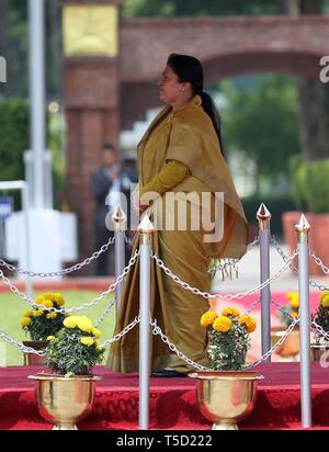 Kathmandu, Nepal. 24th Apr, 2019. Nepali President Bidya Devi Bhandari prepares to leave for a visit to China at Tribhuvan International Airport in Kathmandu, capital of Nepal, April 24, 2019. Nepali President Bidya Devi Bhandari left for a visit to China on Wednesday to attend the Second Belt and Road Forum for International Cooperation. Credit: Sunil Sharma/Xinhua/Alamy Live News Stock Photo