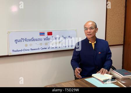 (190424) -- BANGKOK, April 24, 2019 (Xinhua) -- Gen. Surasit Thanadtang, the director of the Thai-Chinese Strategic Research Center, National Research Council of Thailand, speaks in an interview with Xinhua in Bangkok, Thailand, April 17, 2019. The Belt and Road Initiative (BRI) offers new development methods to other countries as it was put forward by China based on China's experience of development in the past 40 years, the Thai expert told Xinhua recently. TO GO WITH 'Interview: BRI provides world with new development methods: Thai expert' (Xinhua/Yang Zhou)