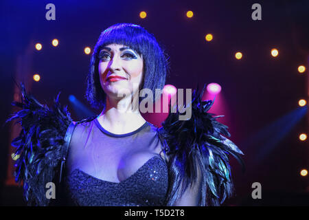 South Bank, London, UK. 24th Apr, 2019. Bernie Dieter, Mistress of Chaos. Following a smash-hit run at the Edinburgh Fringe, award-winning kabarett superstar Bernie Dieter and her travelling family of misfits, miscreants and fantastic freaks are back at the Underbelly Festival on London's South Bank for Weimar kabarett, music, circus performance, fire eating, mimes and drag performances all combined in the 'Little Death Club'. Performances run until 23rd June 2019. Credit: Imageplotter/Alamy Live News Stock Photo